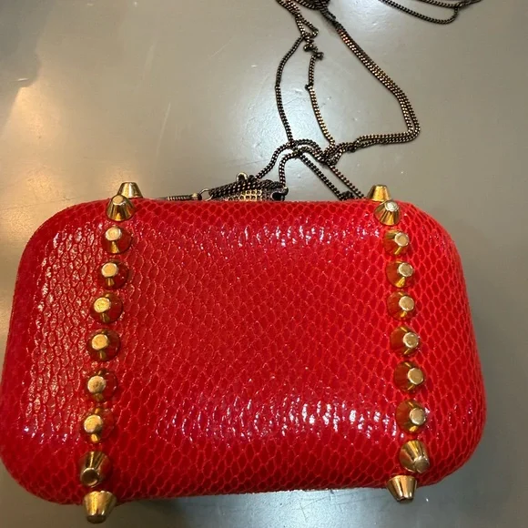 House of Harlow 1960 Red Snake-Texture Studded Clutch with Chain - Picture 3 of 6